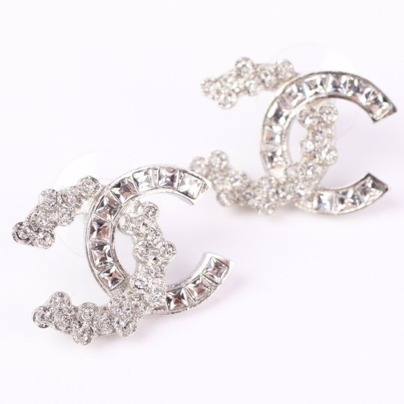 #52 - CHANEL B19V Coco Mark Rhinestone Earrings, Silver Color - Authentic - Picture 1 of 15